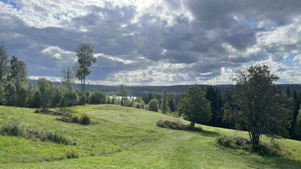 Utsikt från stugbyns port ner till Rattsjön